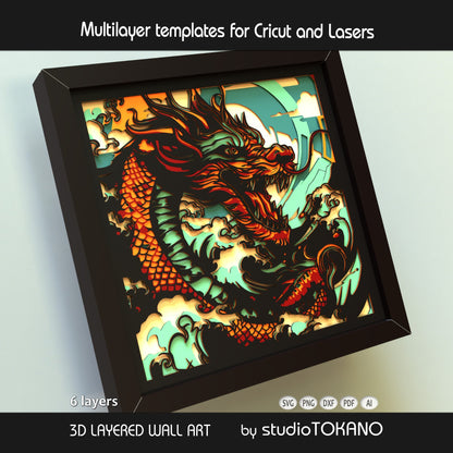 Asian dragon 3D layered shadow box art designed as a Cricut and laser cut file for fantasy wall decor.