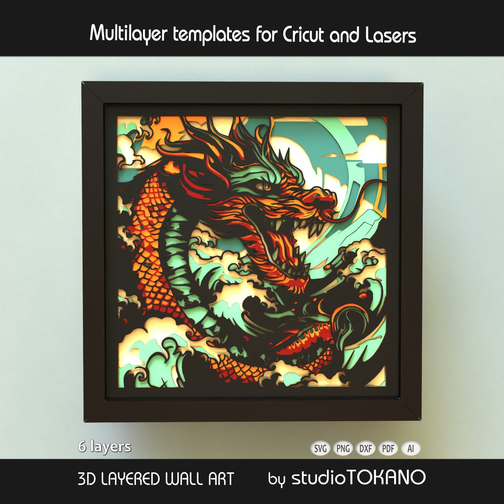 Asian dragon shadow box SVG displayed as framed 6-layer papercut wall art for Cricut and laser cutting.