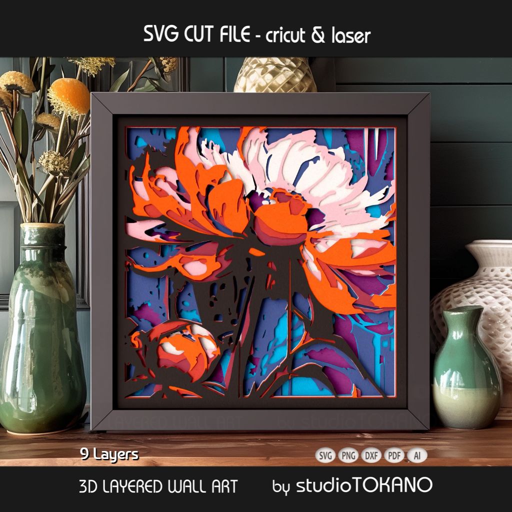 Asian floral peony SVG created as a layered Cricut, Silhouette, Glowforge, and xTool cut file for shadow box wall art.