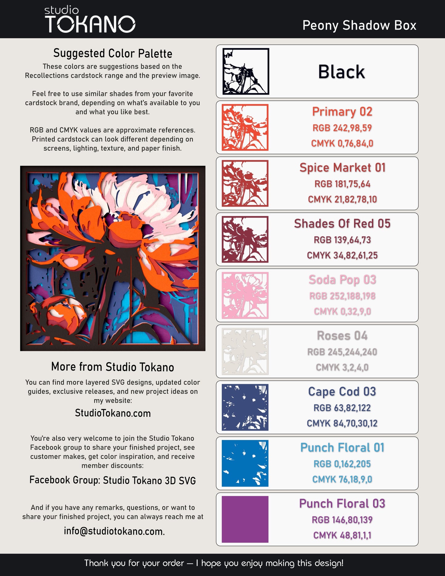 Asian style peony shadow box SVG layer guide showing the separate papercut layers and color arrangement for Cricut and laser cut assembly.