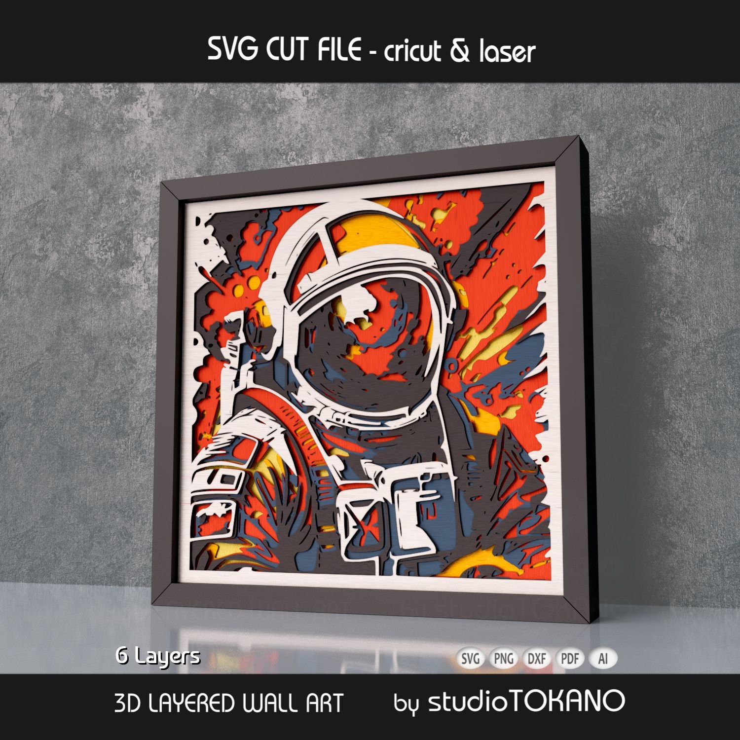 Astronaut shadow box SVG shown as sci-fi wall decor for Cricut, Silhouette, Glowforge, and xTool projects.