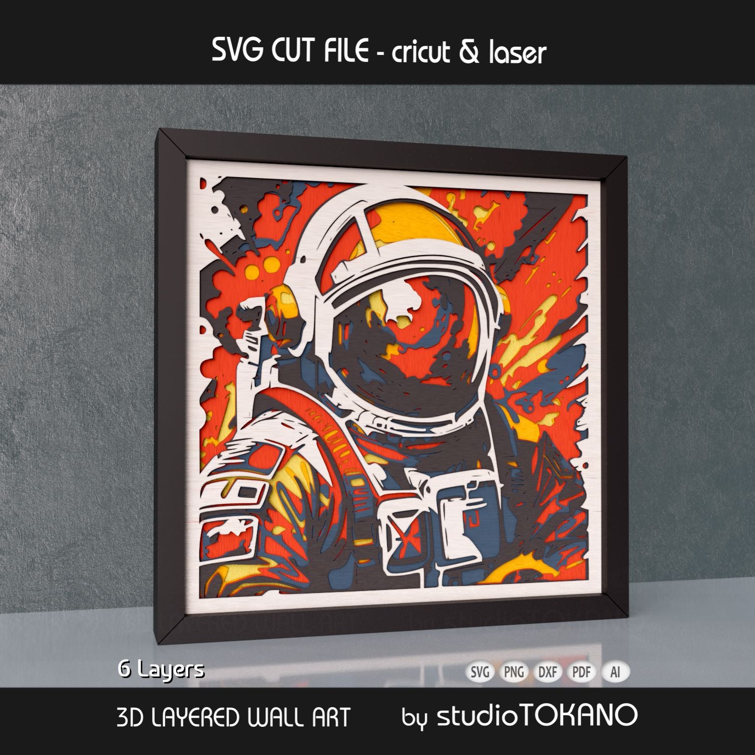 Side-angle view of the astronaut shadow box SVG showing clean cut edges, layered cardstock depth, and space-themed detail.