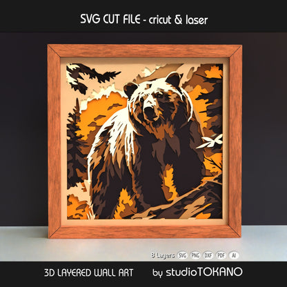 Realistic bear layered SVG shadow box with woodland forest details, stacked cardstock layers, and strong dimensional 3D depth.
