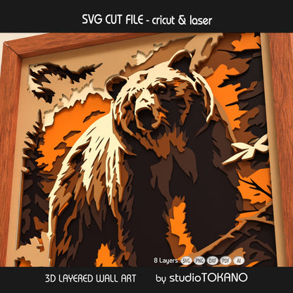 Close-up of the bear shadow box cut file showing clean layered cardstock detail, forest shapes, realistic grizzly features, and crisp papercut lines.
