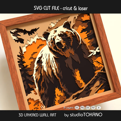 Grizzly bear digital download with layered cut file formats including SVG, DXF, PDF, PNG, and AI for Cricut, laser cutting, and woodland wall art projects.