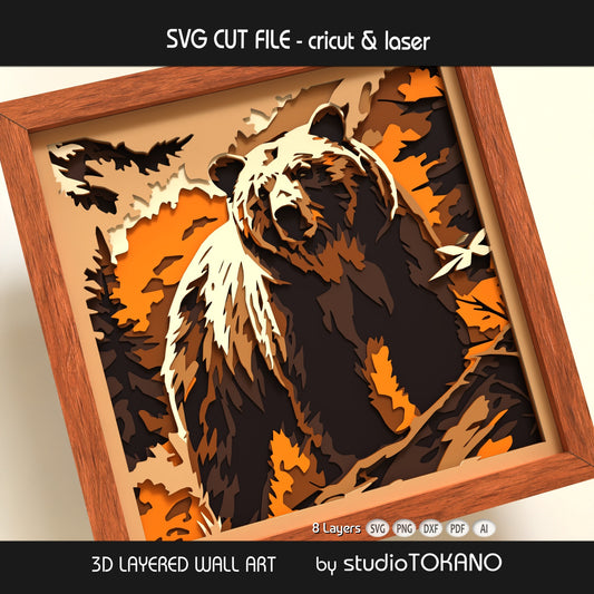 Grizzly bear digital download with layered cut file formats including SVG, DXF, PDF, PNG, and AI for Cricut, laser cutting, and woodland wall art projects.