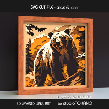 Grizzly bear papercut SVG design shown as framed multilayer wall art for wildlife lovers, nature decor, Cricut, Glowforge, xTool, and laser cutters.