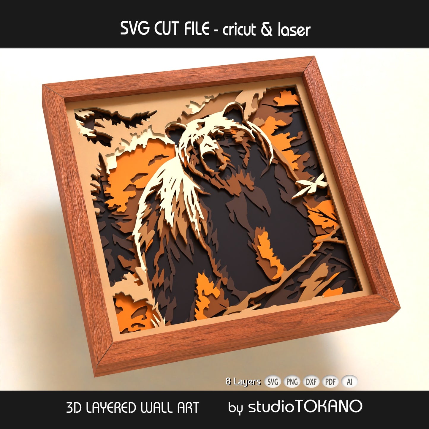 Finished grizzly bear 3D layered wall art in cardstock, shown as a wildlife shadow box file for Cricut, Silhouette, Glowforge, xTool, and laser cutting projects.