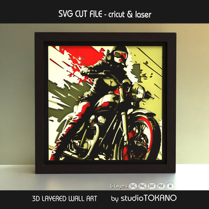 Biker Girl shadow box SVG shown as finished 6-layer 3D layered papercut wall art in cardstock for Cricut and laser cutting.