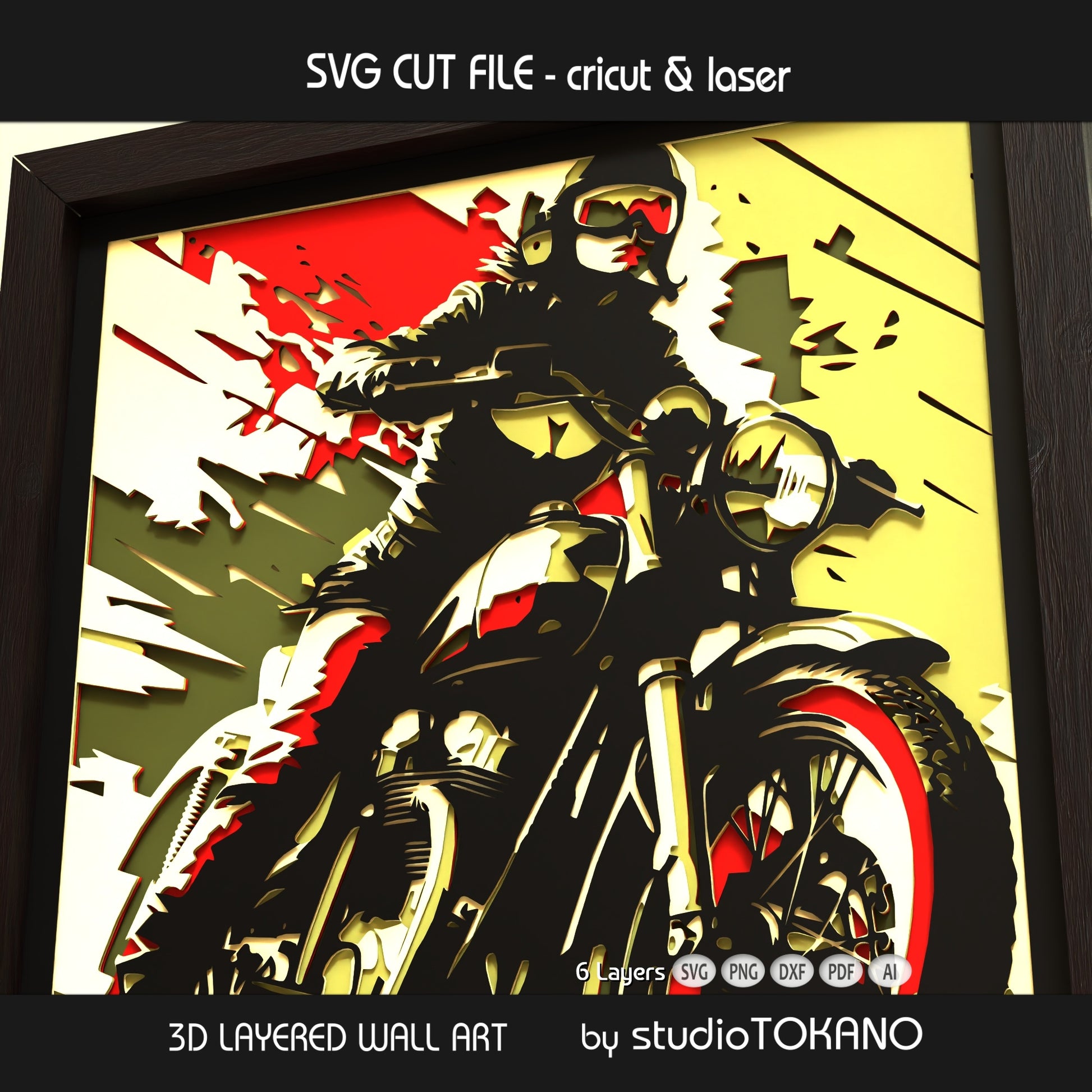 Close-up of the Biker Girl papercut design showing clean cut lines, layered detail, and dimensional shadow box depth.