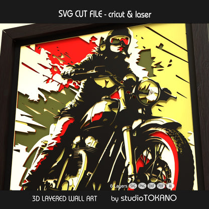 Close-up of the Biker Girl papercut design showing clean cut lines, layered detail, and dimensional shadow box depth.
