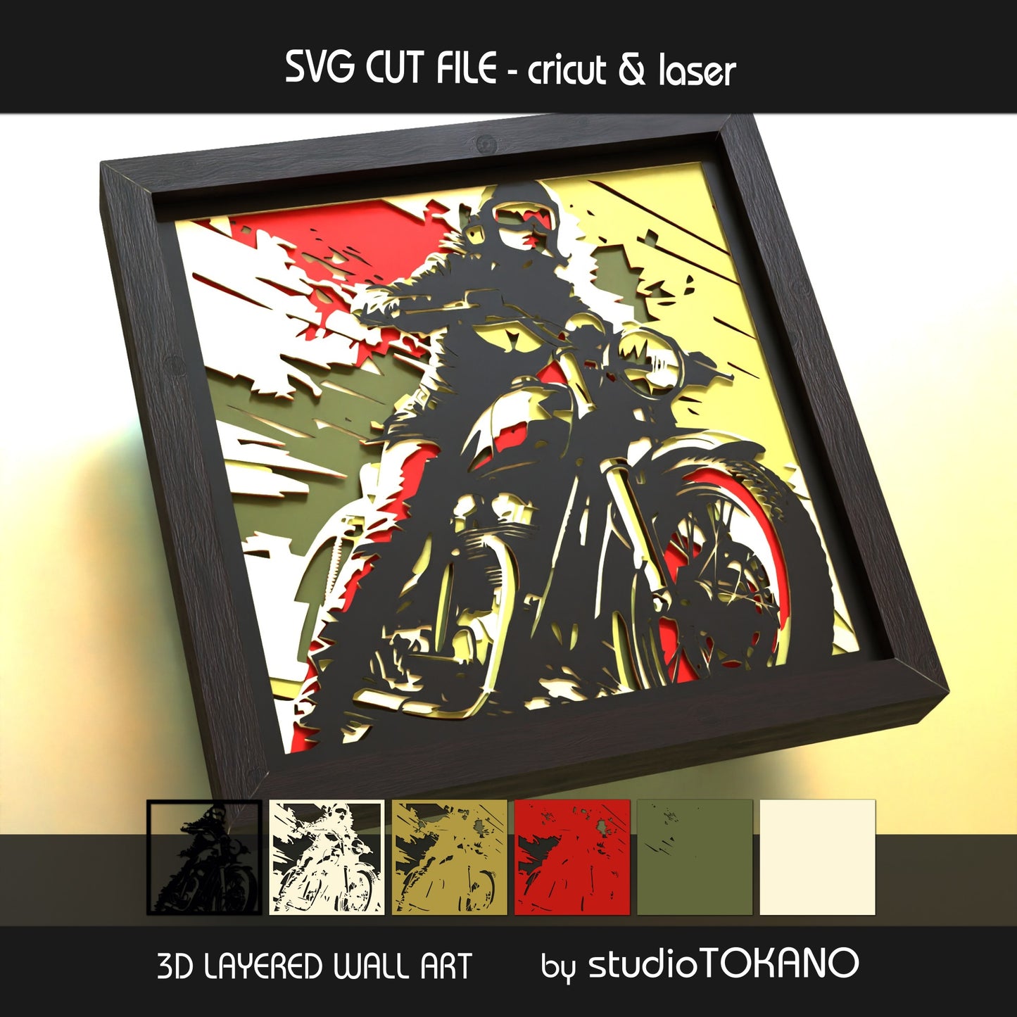 Biker Girl digital download with JPG color guide and layered cut file formats including SVG, DXF, PDF, PNG, and AI.

