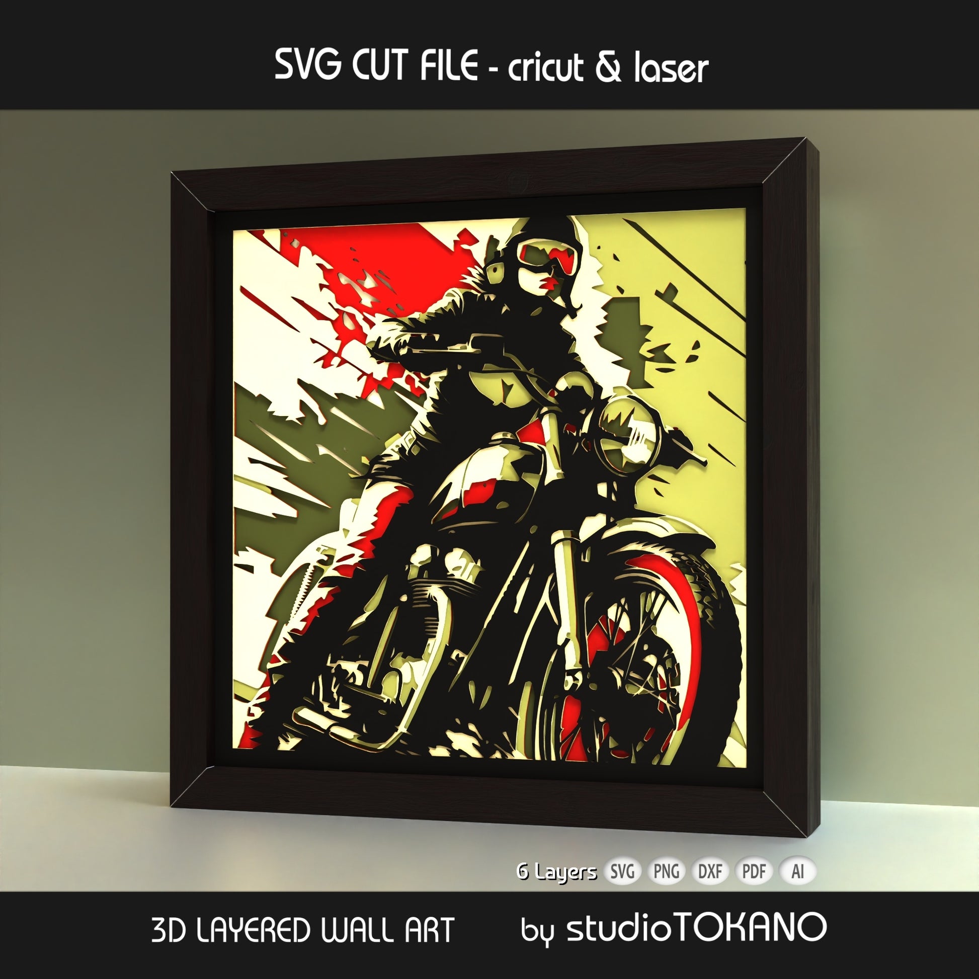 Angled view of the Biker Girl layered SVG shadow box showing depth, stacked cardstock layers, and finished 3D detail.