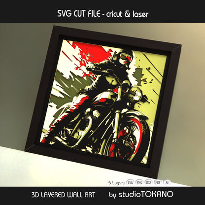 Biker Girl layered shadow box shown from another angle to emphasize the motorcycle rider silhouette and strong graphic composition.