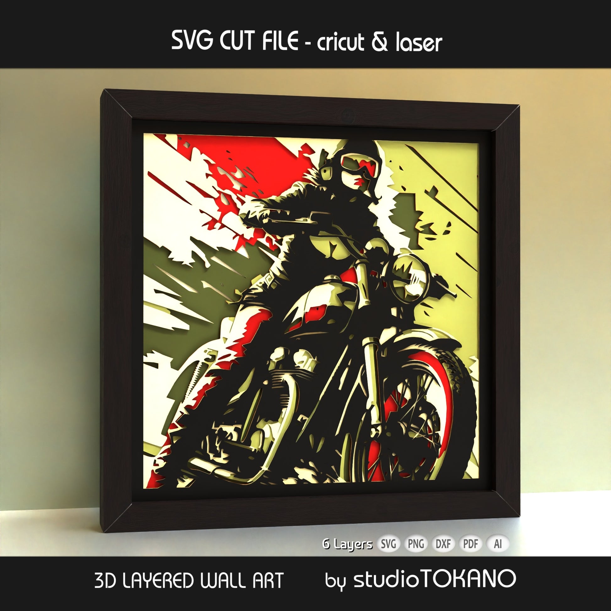 Side view of the Biker Girl shadow box SVG highlighting the depth and spacing between the layered cardstock pieces.