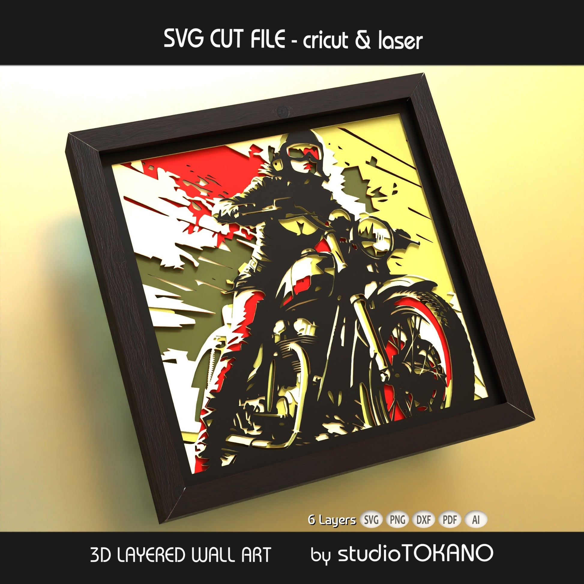 Finished Biker Girl 3D layered wall art in cardstock, shown as a shadow box file for Cricut, Glowforge, xTool, and other laser cutters.