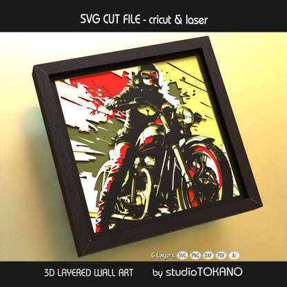 Finished Biker Girl 3D layered wall art in cardstock, shown as a shadow box file for Cricut, Glowforge, xTool, and other laser cutters.