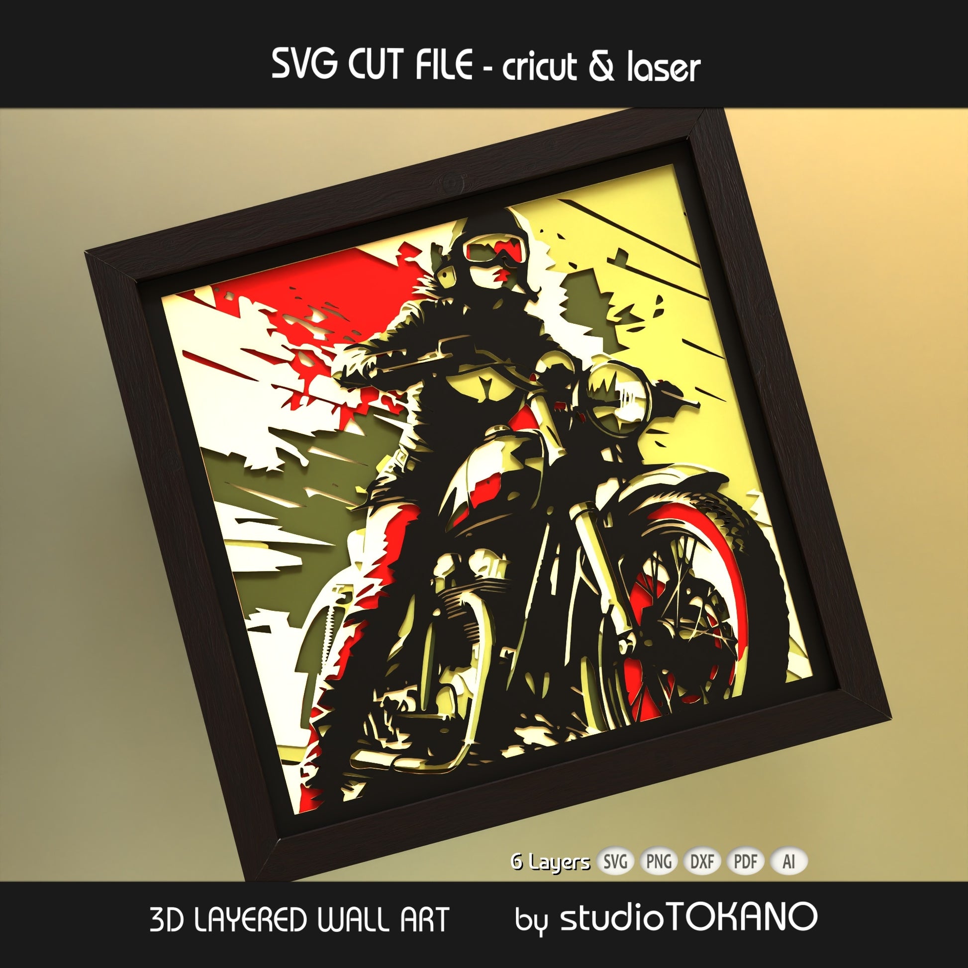 Biker Girl shadow box SVG with all 6 layers separated to show the multilayer papercut build and file structure.