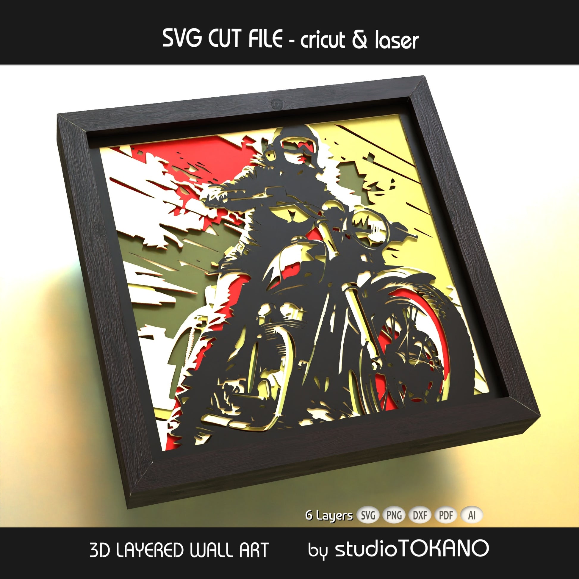 Close-up of the Biker Girl papercut design showing clean cut lines, layered detail, and dimensional shadow box depth.