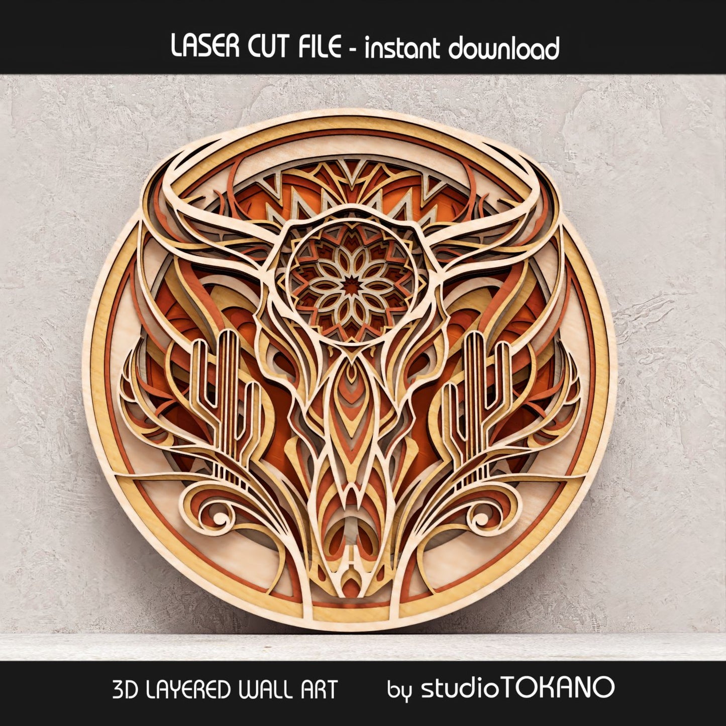 Layered bison skull wall art SVG displayed in warm wood tones, featuring Southwestern desert details and a bold 8-layer laser cut design.