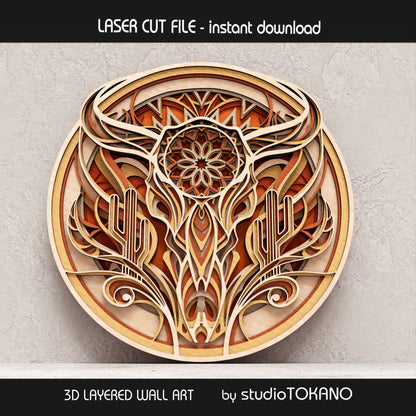 Layered bison skull wall art SVG displayed in warm wood tones, featuring Southwestern desert details and a bold 8-layer laser cut design.