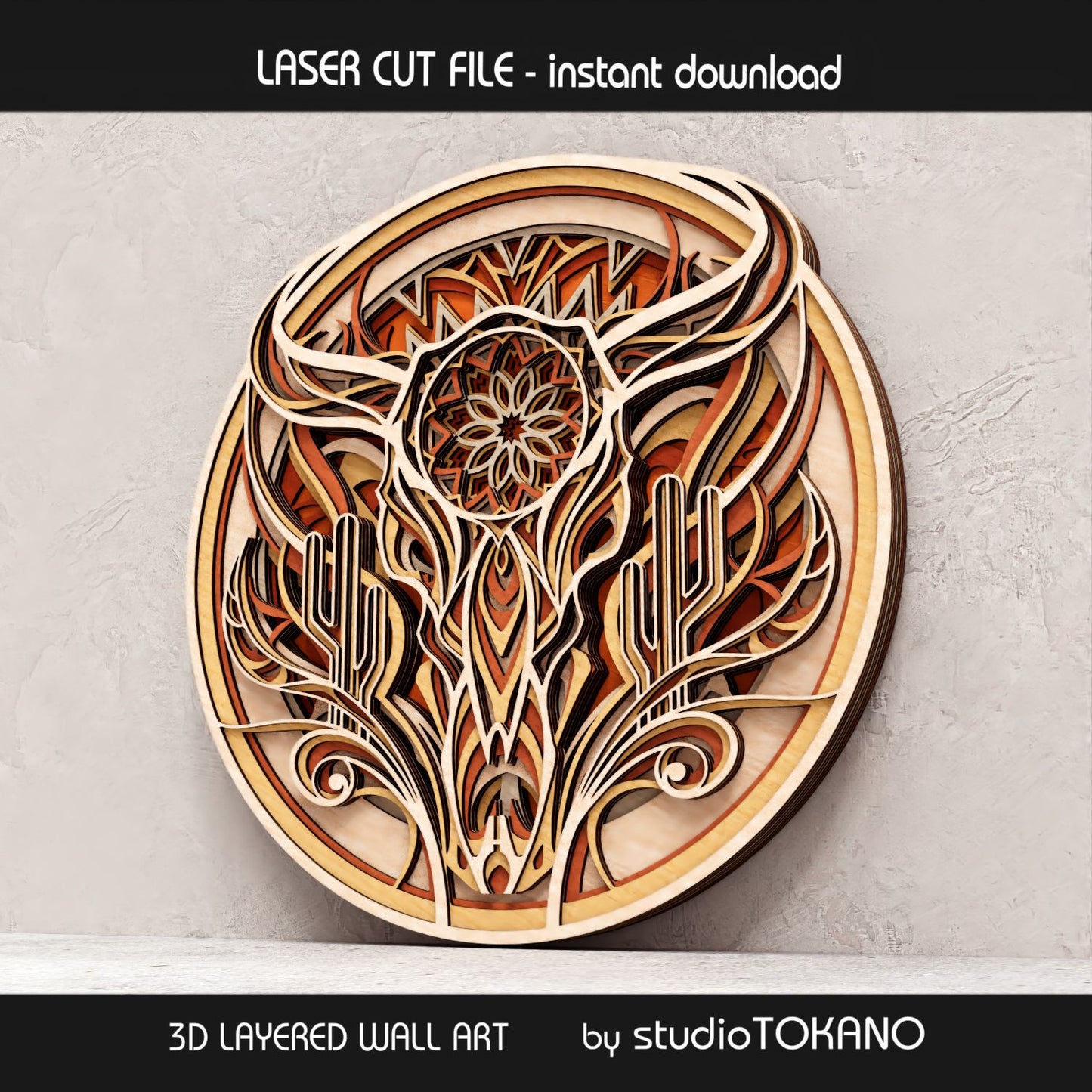 8-layer buffalo skull laser cut file displayed as finished wall art, designed for plywood, MDF, Glowforge, xTool, LightBurn, and other laser cutting machines.