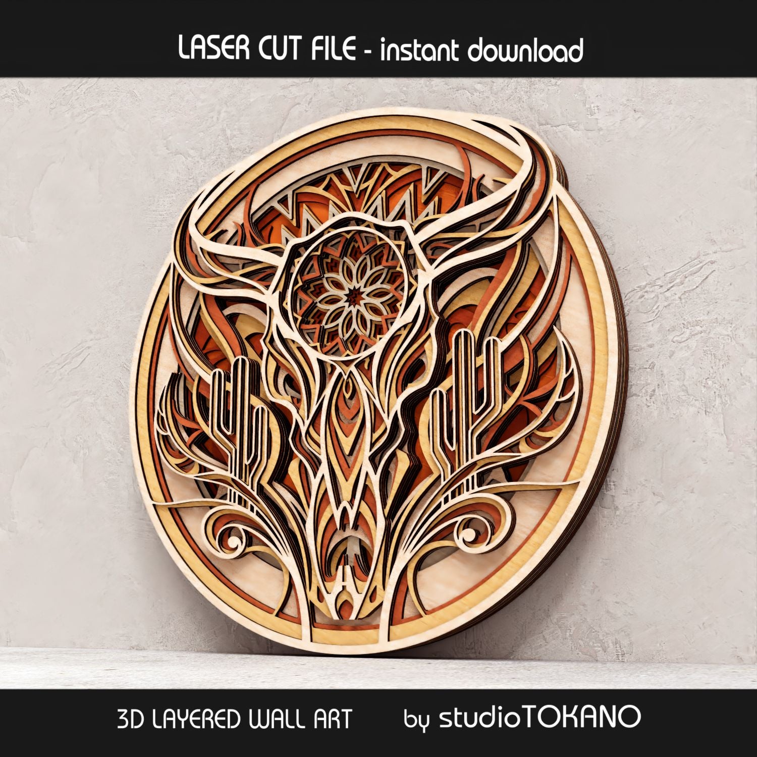 8-layer buffalo skull laser cut file displayed as finished wall art, designed for plywood, MDF, Glowforge, xTool, LightBurn, and other laser cutting machines.
