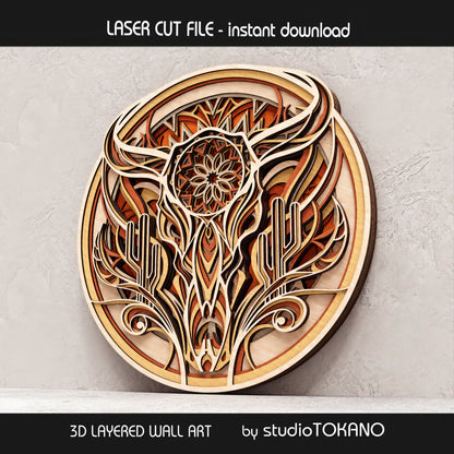 8-layer buffalo skull laser cut file displayed as finished wall art, designed for plywood, MDF, Glowforge, xTool, LightBurn, and other laser cutting machines.