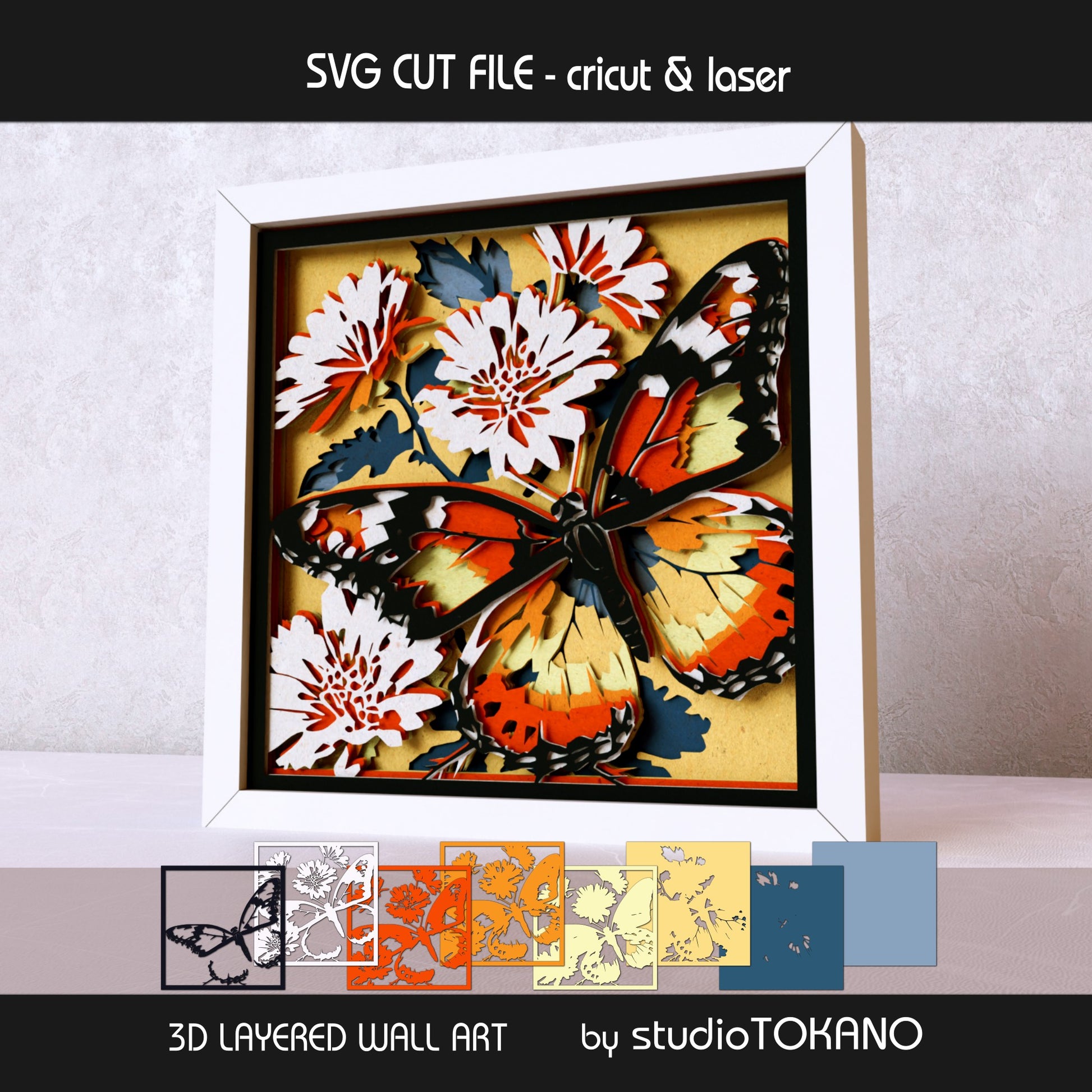 Monarch butterfly shadow box SVG layer guide showing the separate papercut layers and color arrangement for Cricut and laser cut assembly.