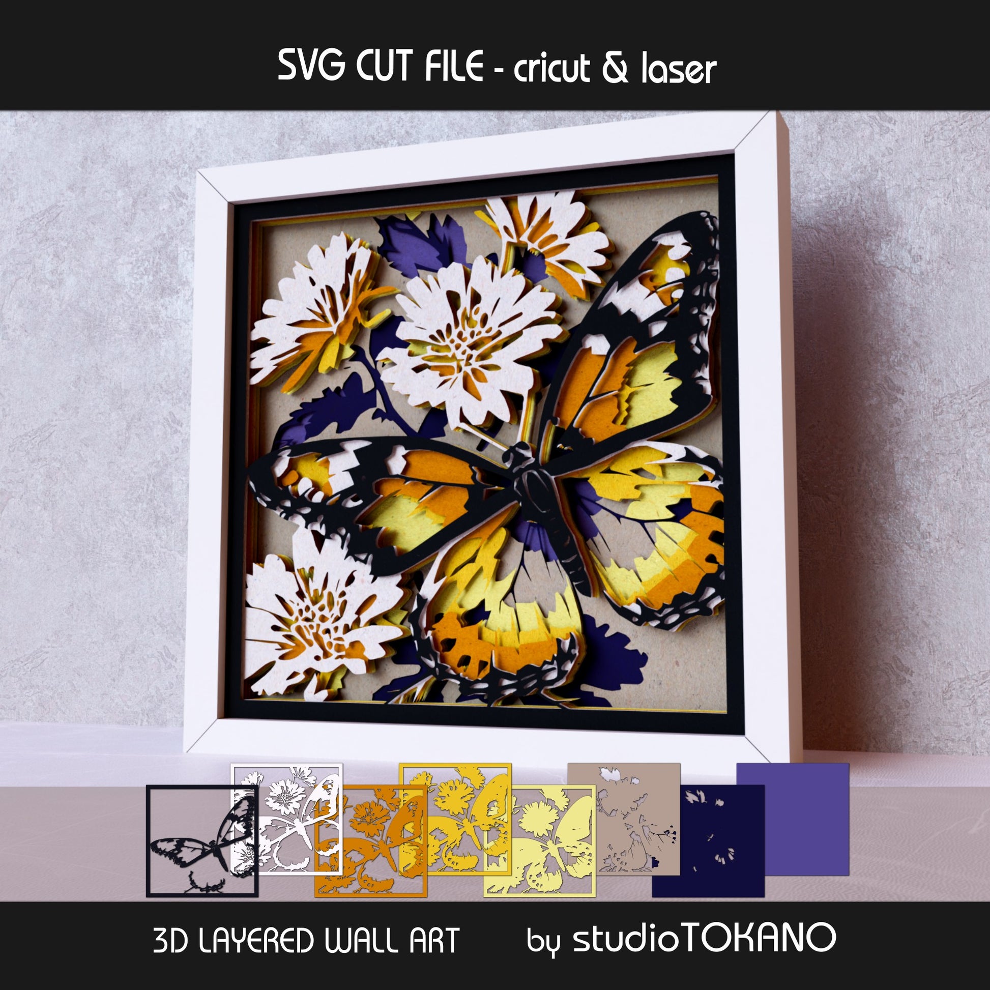 Monarch butterfly multilayer SVG layer guide showing the separate papercut layers and color arrangement for Cricut and laser cut assembly.