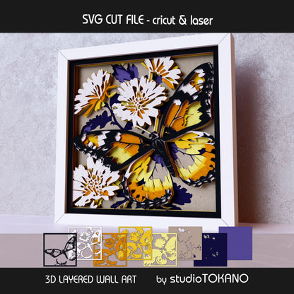 Monarch butterfly multilayer SVG layer guide showing the separate papercut layers and color arrangement for Cricut and laser cut assembly.