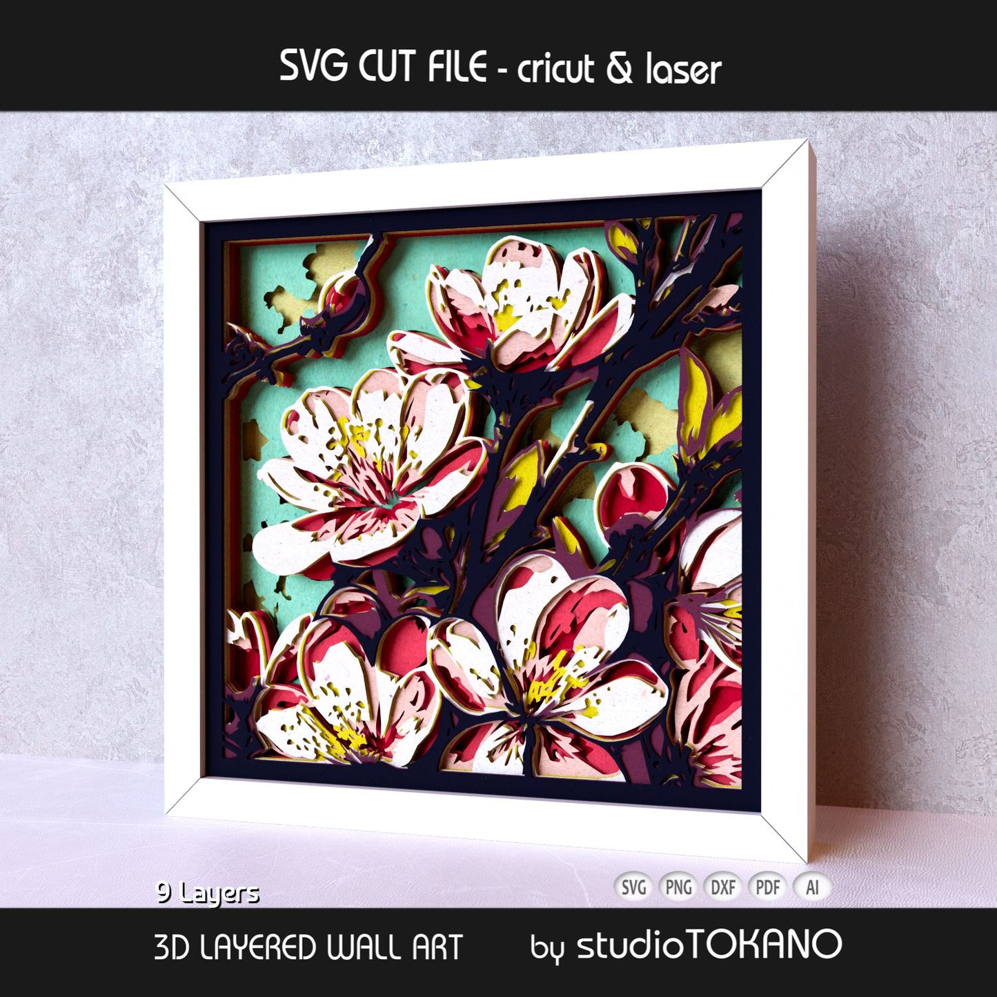 Cherry blossom 3D layered shadow box art designed as a Cricut and laser cut file for spring decor, floral wall art, and botanical crafts.