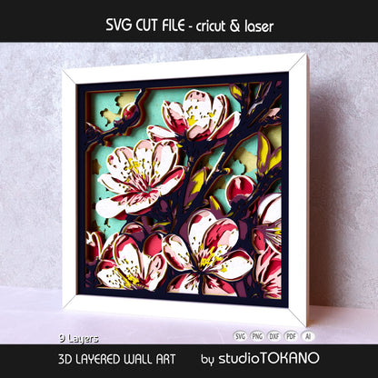 Cherry blossom 3D layered shadow box art designed as a Cricut and laser cut file for spring decor, floral wall art, and botanical crafts.