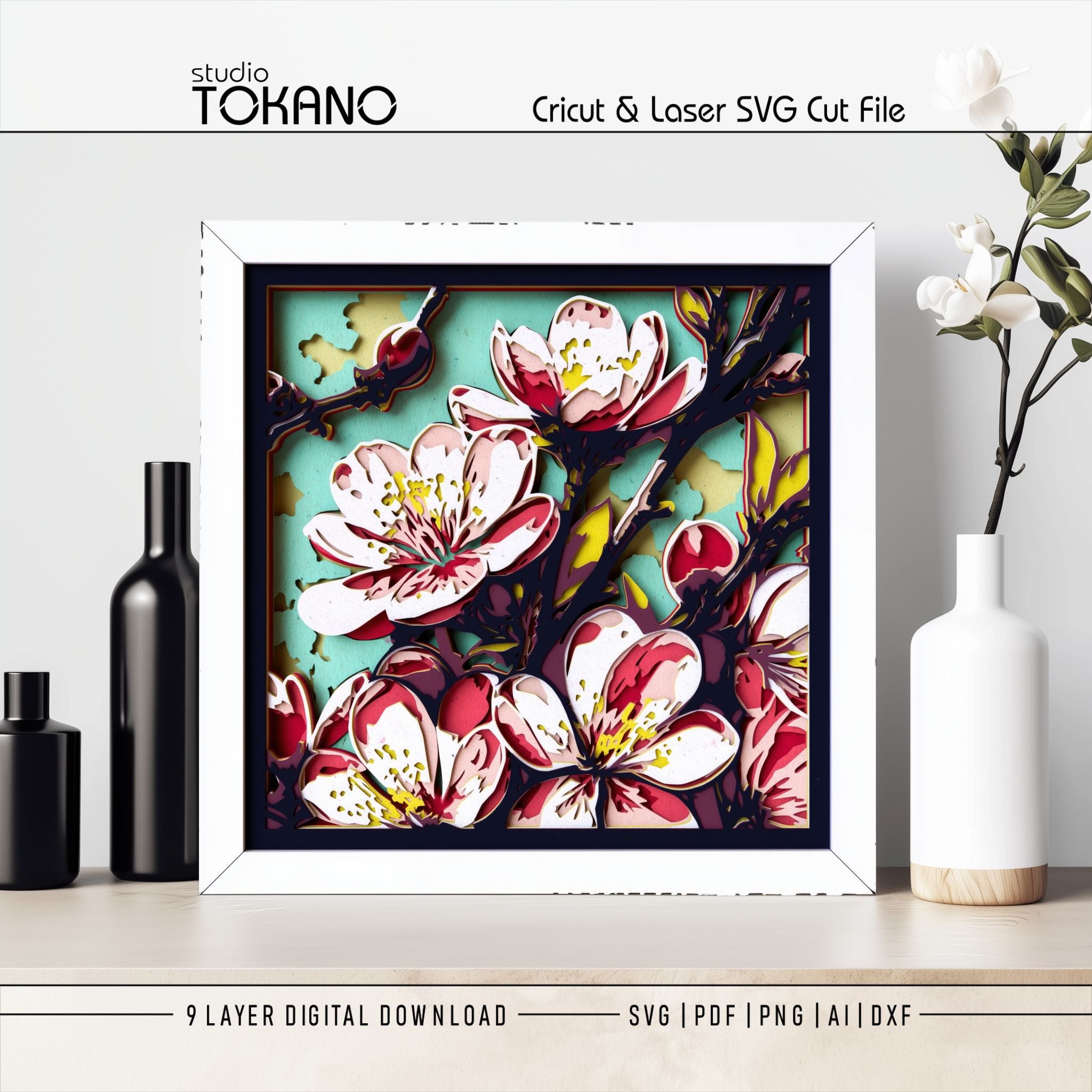 桜かおり　3D ART Tama Cherry Blossom SVG Shadow Box | Layered Sakura Papercut File
