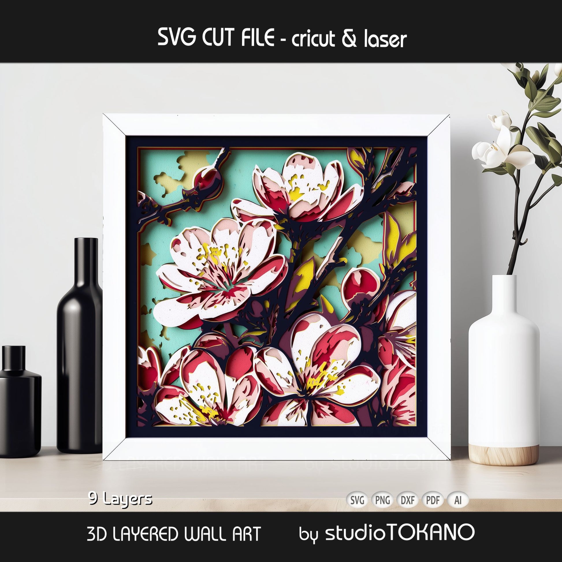 Framed cherry blossom layered wall art shown in an interior setting, highlighting the 3D depth, stacked cardstock layers, and elegant floral design.