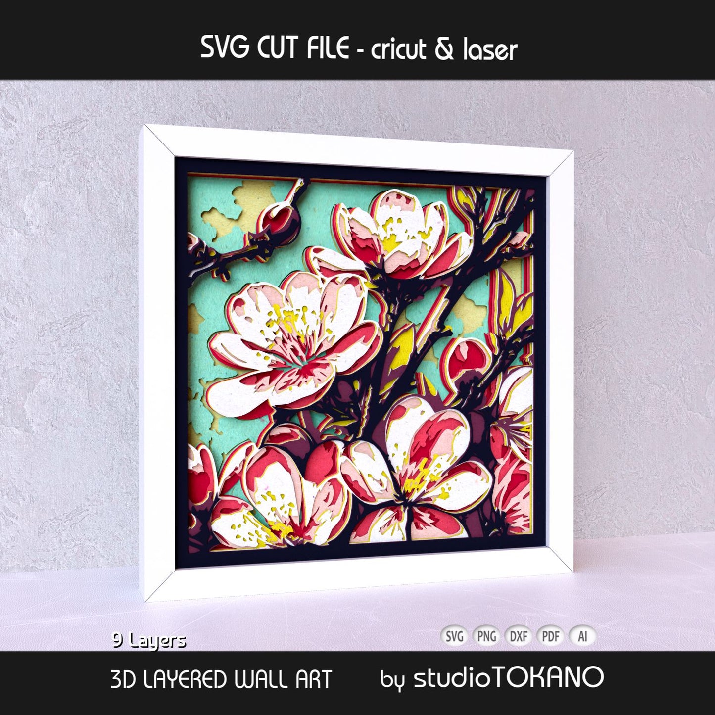 Sakura cherry blossom shadow box SVG shown as finished framed wall art, perfect for flower lover gifts, spring decor, and layered paper craft projects.