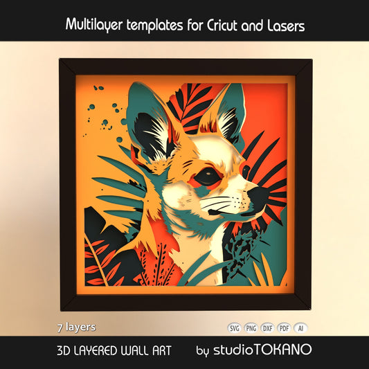 Chihuahua shadow box SVG shown as 7-layer 3D small dog portrait wall art for Cricut, Silhouette, Glowforge, xTool, and laser cutting.
