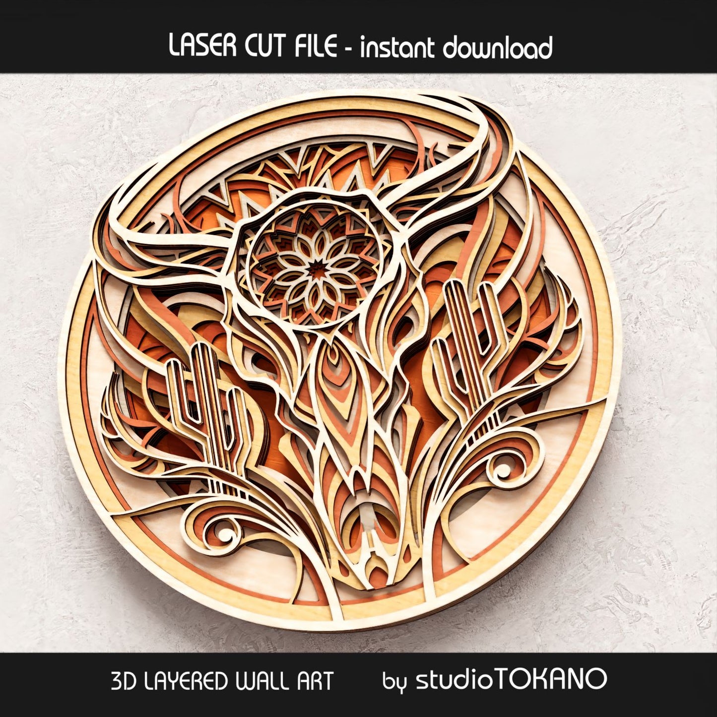 Cow skull layered wood wall art shown from an angled view, highlighting the laser cut layers, warm material texture, and Mexican-inspired Western decor style.