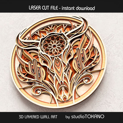Cow skull layered wood wall art shown from an angled view, highlighting the laser cut layers, warm material texture, and Mexican-inspired Western decor style.