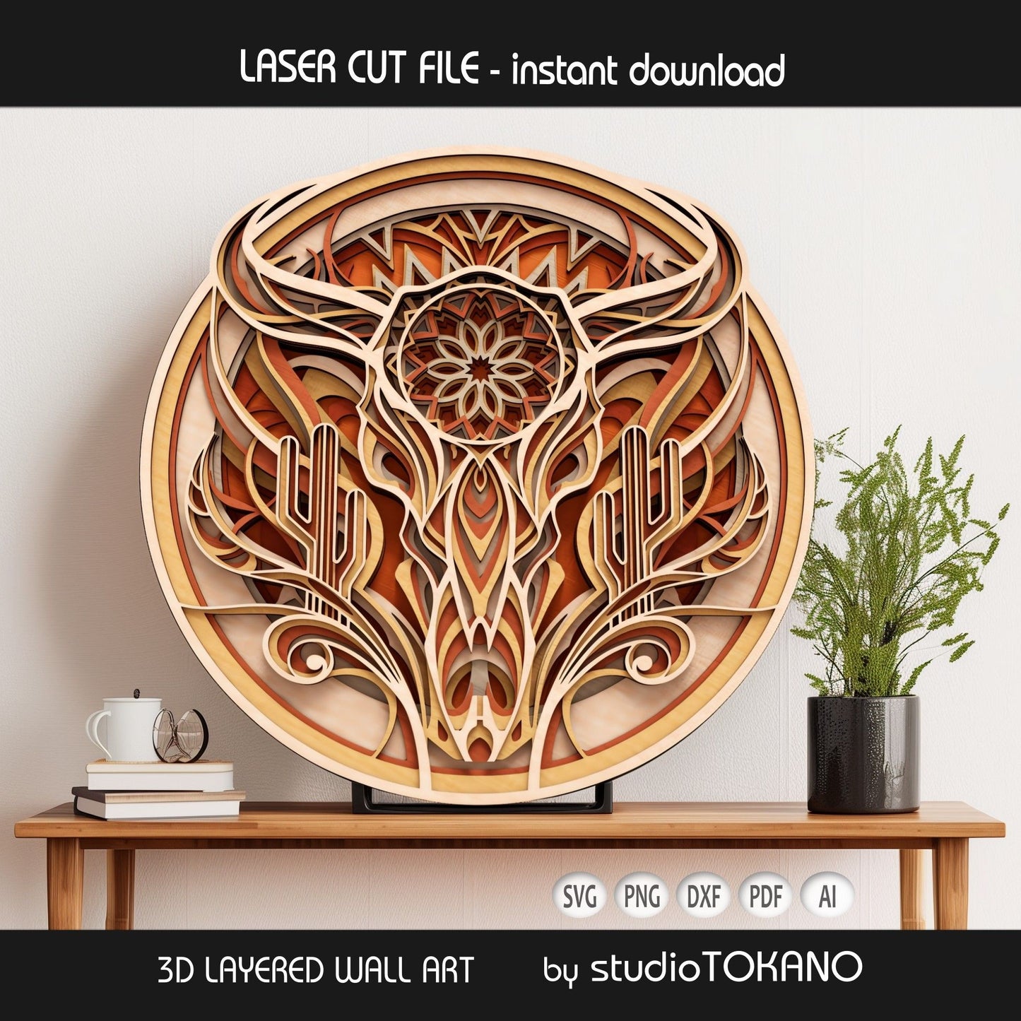 Cow skull layered laser wall art with mandala-inspired details and Southwestern farmhouse style, created as a digital SVG cut file for laser cutting.