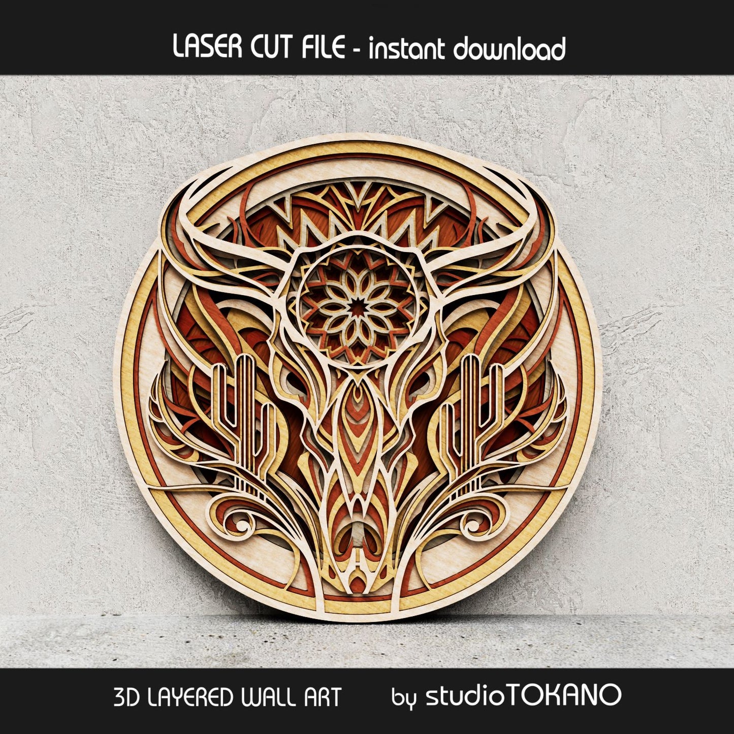 Cow skull layered laser cut file shown as dimensional wooden wall art with cactus details, mandala-inspired shapes, and Western boho style for Glowforge and xTool.