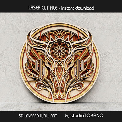 Cow skull layered laser cut file shown as dimensional wooden wall art with cactus details, mandala-inspired shapes, and Western boho style for Glowforge and xTool.