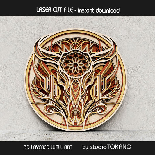 Cow skull layered laser cut file shown as dimensional wooden wall art with cactus details, mandala-inspired shapes, and Western boho style for Glowforge and xTool.