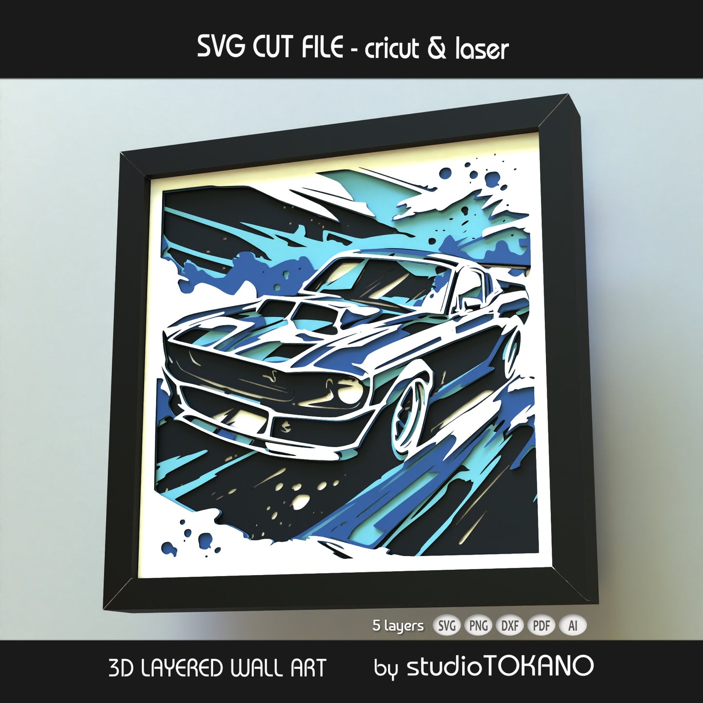Classic Mustang 3D layered SVG design for Cricut, Silhouette, Glowforge, xTool, and laser cutters, made for bold car-themed wall art.