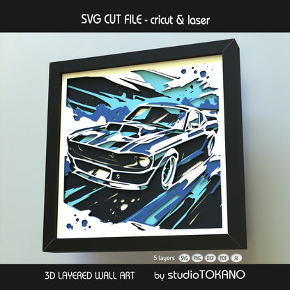 Classic Mustang 3D layered SVG design for Cricut, Silhouette, Glowforge, xTool, and laser cutters, made for bold car-themed wall art.