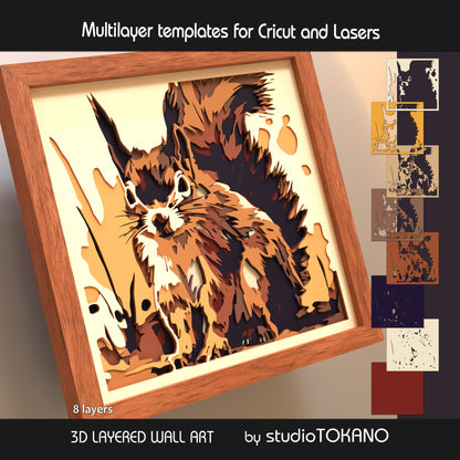 Squirrel shadow box SVG shown as finished 3D layered papercut wall art in cardstock for Cricut and laser cutting.