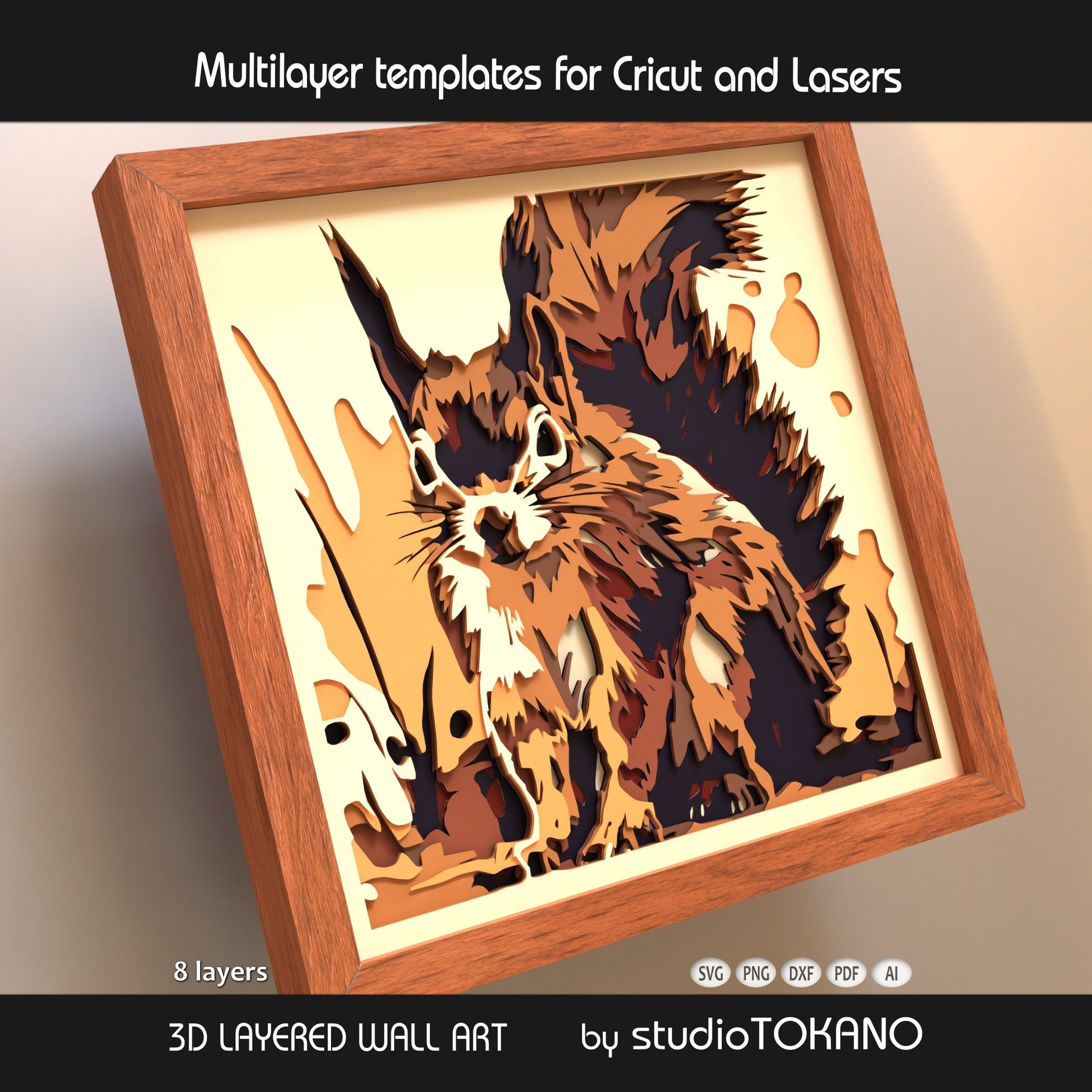 Woodland squirrel layered SVG shadow box with forest details, stacked cardstock layers, and dimensional 3D depth.