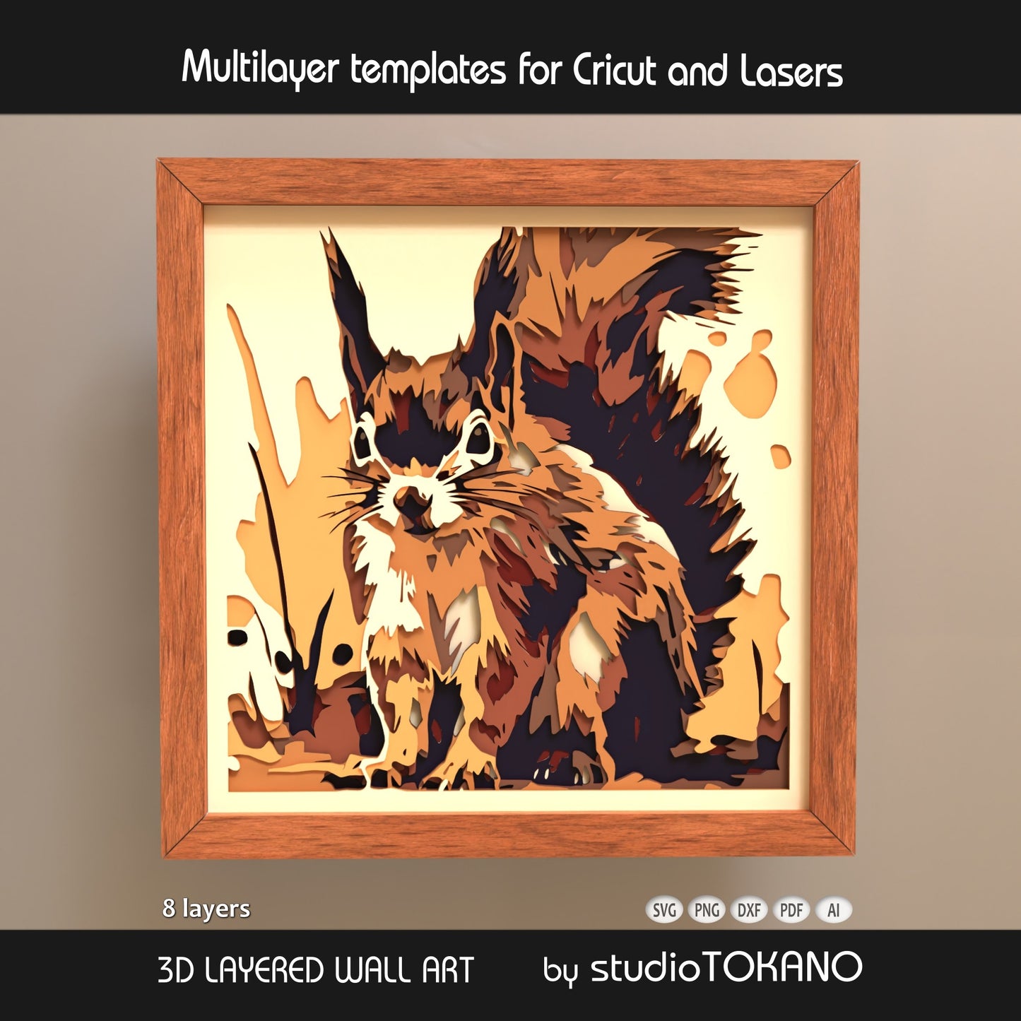 Squirrel papercut SVG design shown as framed multilayer wall art with a woodland forest theme for Cricut, Glowforge, xTool, and laser cutters.