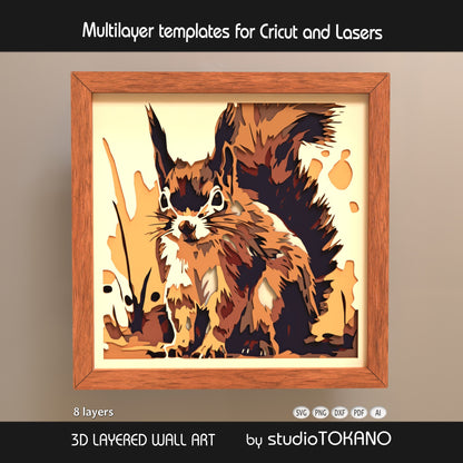 Squirrel papercut SVG design shown as framed multilayer wall art with a woodland forest theme for Cricut, Glowforge, xTool, and laser cutters.