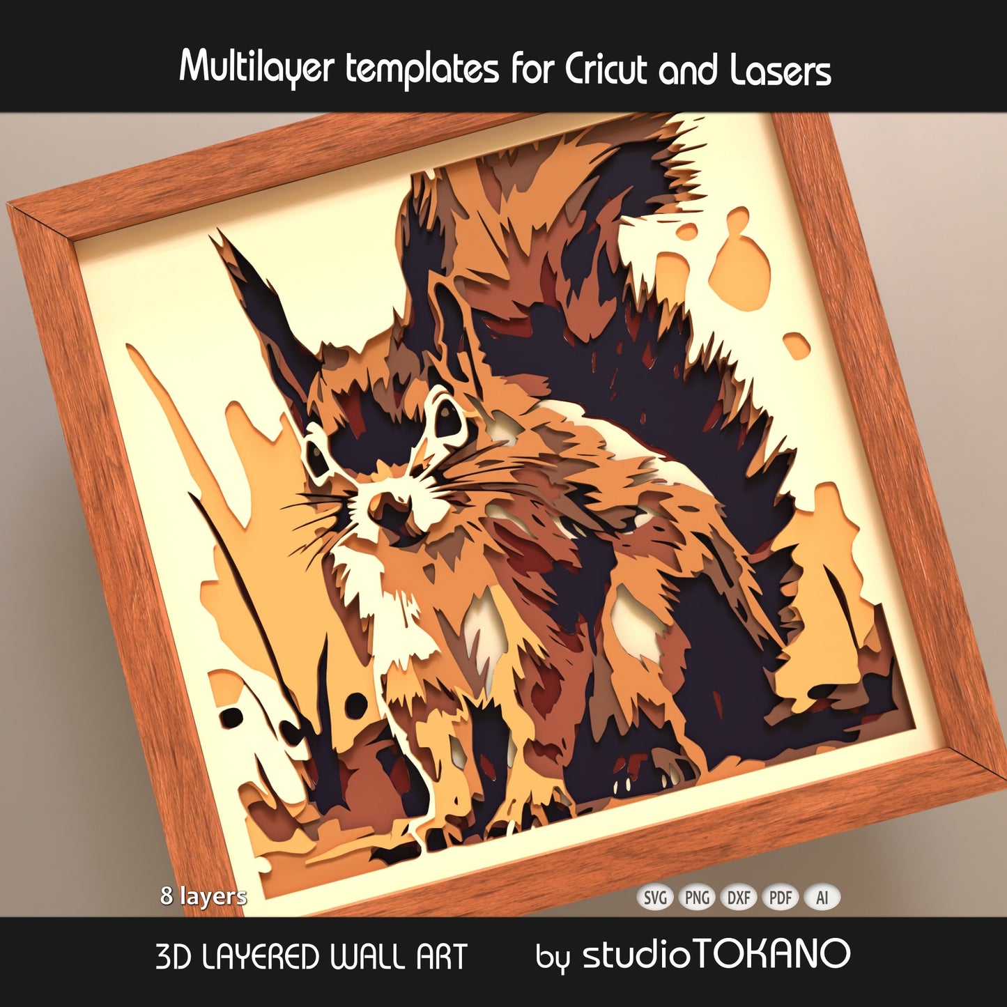 Squirrel digital download with layered cut file formats including SVG, DXF, PDF, PNG, and AI for Cricut and laser cutting projects.